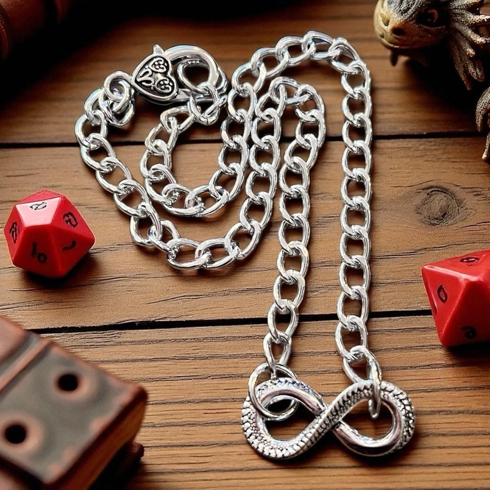Dragons Tail SilverToned Infinity Symbol Pendant Necklace DND Inspired 19”